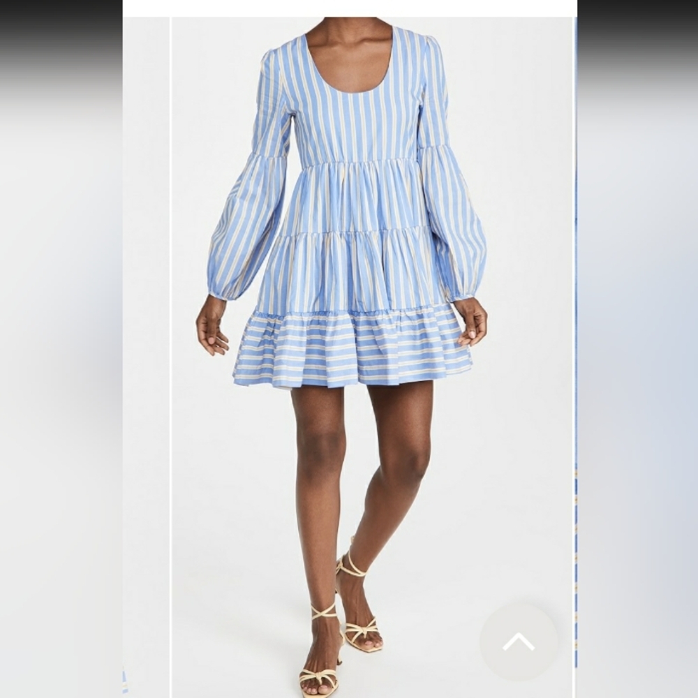 En Saison Baby Doll Tiered Striped Balloon Long Sleeve Dress Blue Yellow Sz S